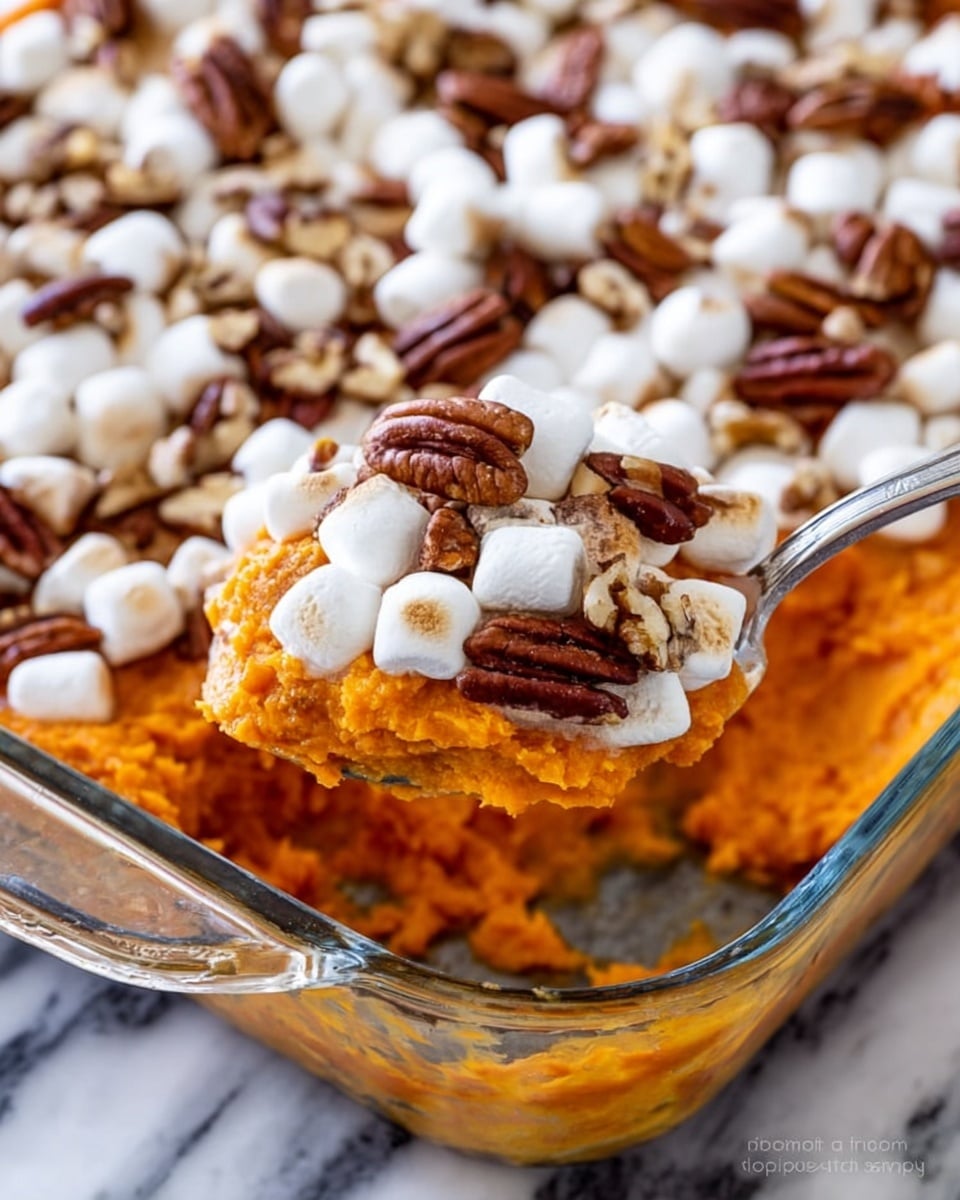 The image shows a clear glass baking dish filled with a layered sweet potato casserole. The bottom layer is bright orange mashed sweet potatoes with a smooth texture. The top layer is covered with small toasted white marshmallows scattered evenly, mixed with whole brown pecans. A silver serving spoon is scooping out a portion, mixing the marshmallows and pecans into the sweet potatoes. The dish is placed on a white marbled surface. photo taken with an iphone --ar 4:5 --v 7