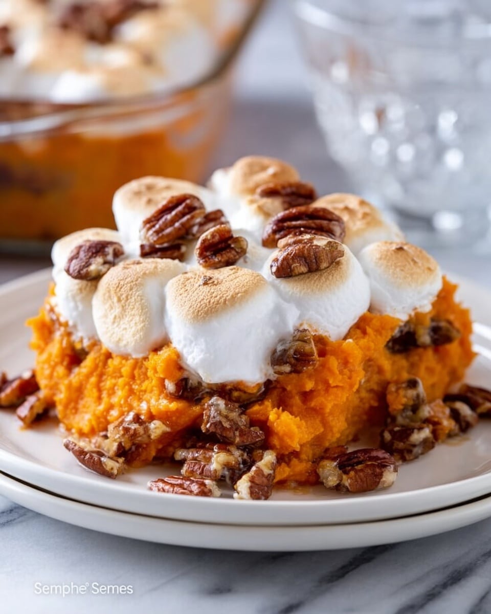 A white plate holds a serving of a dish with three layers visible. The bottom layer is a smooth, bright orange mashed sweet potato mixed with bits of pecans. The middle layer is melted, creamy, and slightly golden, blending into the bottom layer. The top layer is a pile of toasted white marshmallows with light brown spots and whole pecans scattered on them. The plate sits on a white marbled surface with a blurred glass bowl in the background. photo taken with an iphone --ar 4:5 --v 7