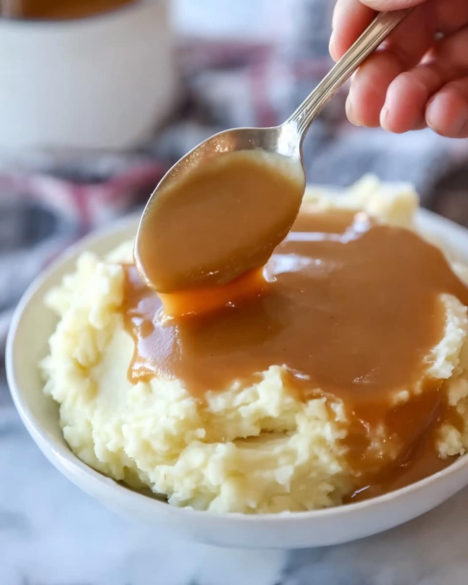 The image shows a close-up of a white bowl filled with two layers: the bottom layer is creamy, pale yellow mashed potatoes with a soft and fluffy texture, and the top layer is a thick, smooth brown gravy being lifted with a spoon. The gravy has a glossy finish and is rich in color, covering the mashed potatoes partially as it flows onto them. A woman's hand is holding the spoon, scooping both layers together. The background is a white marbled surface with a blurred bowl and cloth visible. Photo taken with an iphone --ar 4:5 --v 7