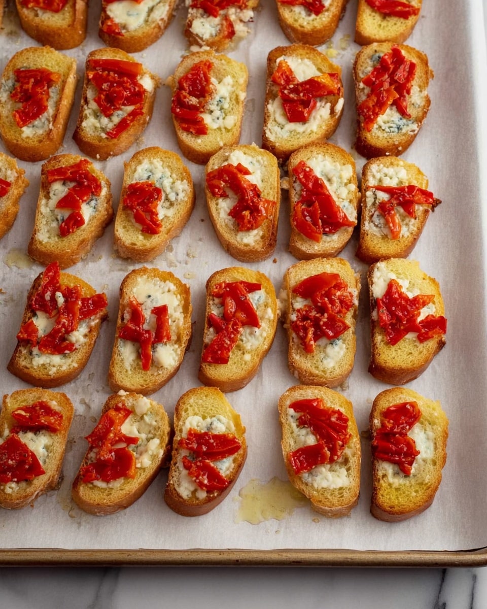 A black plate holds seven slices of toasted bread, each topped with a layer of white and pale blue cheese with a crumbly texture. On top of the cheese, there are small chunks of roasted red and orange bell peppers that add bright colors. Fresh green parsley leaves are scattered on top of the peppers and cheese, adding a fresh look to each piece. The plate is placed on a white marbled surface with some parsley leaves scattered around. Photo taken with an iphone --ar 4:5 --v 7