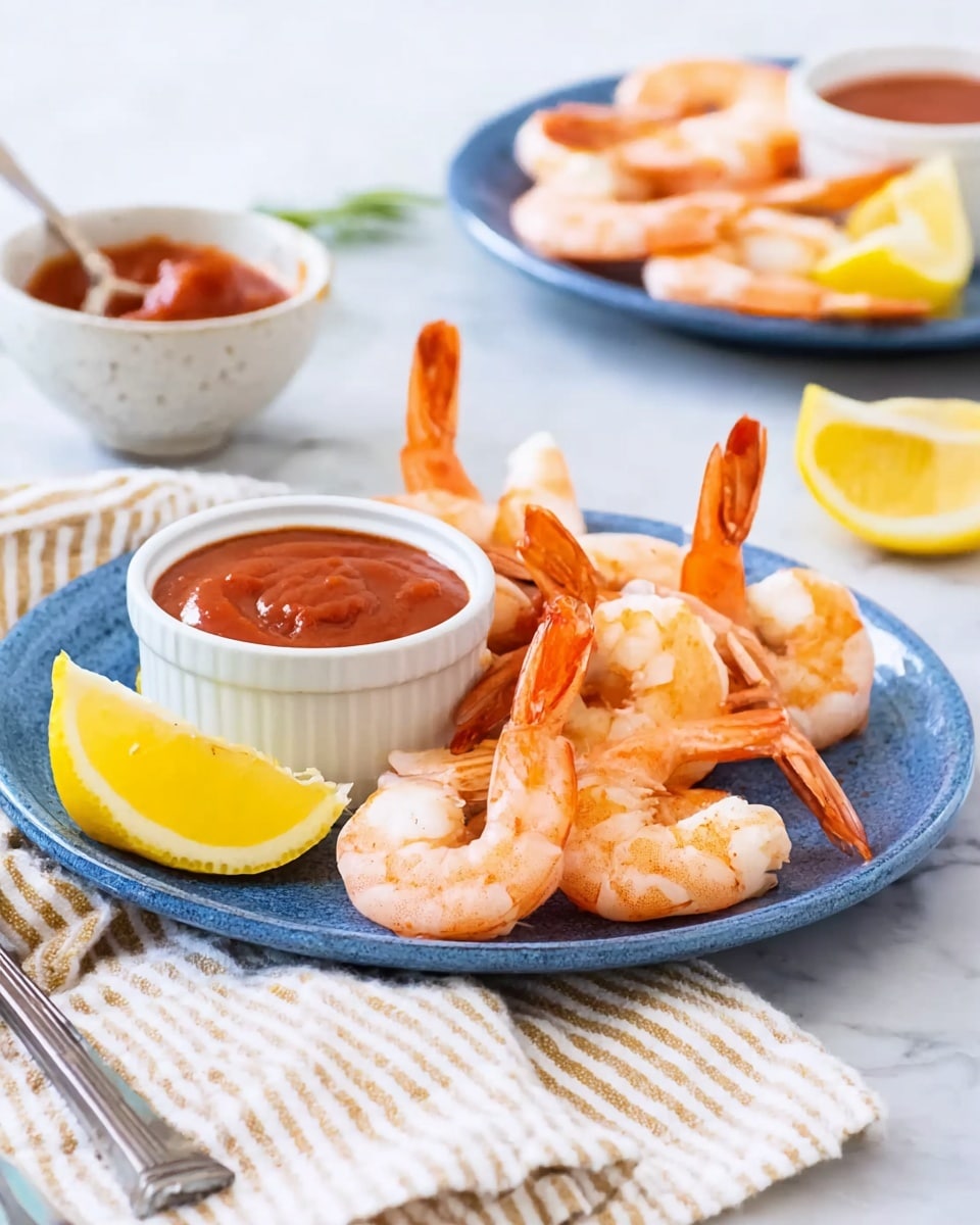 A white plate sits on a white marbled surface, holding a circle of pale pink shrimp arranged around a small white ramekin filled with dark red cocktail sauce. The shrimp shine slightly with moisture and their tails are a deeper orange. A bright yellow lemon wedge lies on the lower right side of the plate, adding a pop of color. The overall look is clean and fresh, with a simple arrangement focusing on the shrimp and sauce, photo taken with an iphone --ar 4:5 --v 7