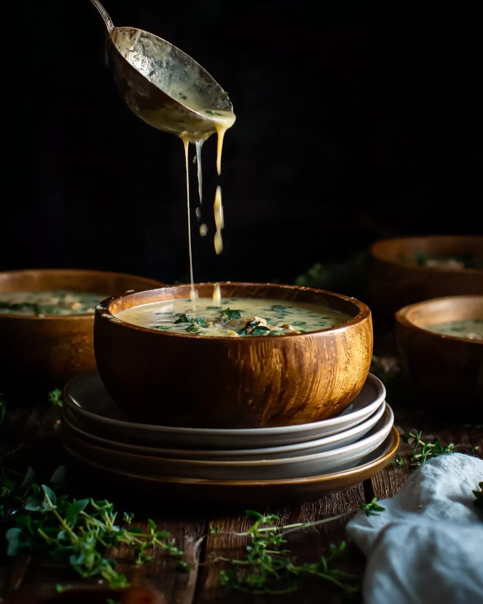 A wooden bowl filled with creamy soup that has visible green herbs and small pieces on top, placed on a stack of three white plates. A ladle pours more soup into the bowl, with the liquid flowing down in a thin stream. The scene is set on a dark wooden surface with green herb sprigs scattered around and a light cloth partially visible on the right. The background is dark, making the bowl and soup the main focus, with soft light highlighting the textures of the soup and the wooden bowl. photo taken with an iphone --ar 4:5 --v 7