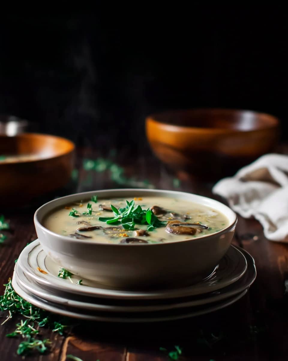 A round white bowl on top of three stacked white plates shows a creamy soup with visible pieces of mushrooms inside, topped with a fresh green herb sprig placed in the center. The bowl sits on a dark wooden surface with scattered green herbs around it. In the background, there are two blurred wooden bowls, and part of a white cloth is visible on the right side. The scene has low lighting with a black background, showing soft steam rising from the soup. Photo taken with an iphone --ar 4:5 --v 7