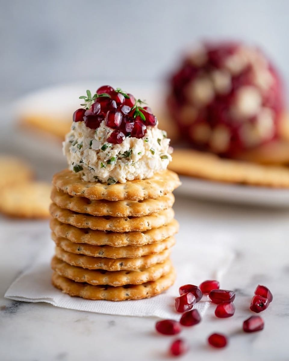 A tall stack of eight golden round crackers is placed on a small white napkin on a white marbled surface. On top of the stack, there is a small scoop of crumbly white cheese mixed with tiny green herbs, crowned with shiny, deep red pomegranate seeds. Several loose pomegranate seeds are scattered in the foreground on the white marbled surface. In the blurry background, there is a round cheese ball covered with more pomegranate seeds and crackers on a white plate. photo taken with an iphone --ar 4:5 --v 7