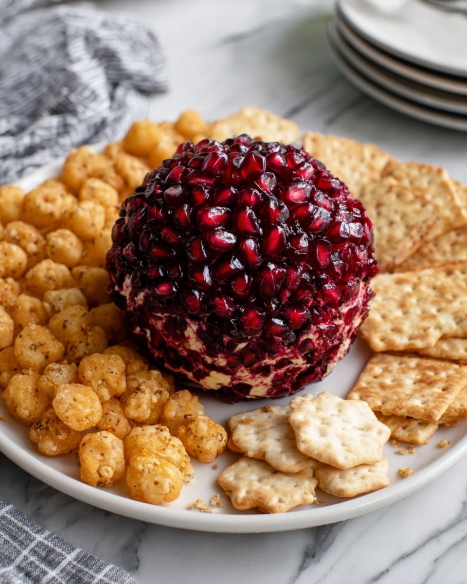 A round cheese ball covered in shiny dark red pomegranate seeds is placed in the center of a white plate, surrounded by two types of crackers—small round golden-brown ones and larger pale hexagonal ones. The plate sits on a white marbled surface, with a striped cloth napkin and stacked white plates visible in the background. Photo taken with an iphone --ar 4:5 --v 7