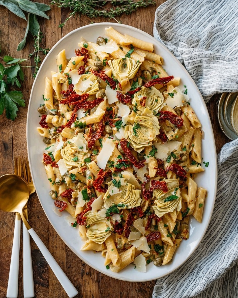 This image shows a large oval white plate filled with a pasta dish. The base layer is light golden pasta tubes mixed with small green capers throughout. On top, there are thick slices of pale yellow artichoke hearts and vibrant deep red sun-dried tomatoes scattered evenly. Fresh green herbs, likely parsley, are sprinkled across the dish, adding bright green color. Thin, irregular shavings of pale cream cheese are spread over everything. The plate is set on a wooden surface with some green herb sprigs around and a woman’s hand striped cloth napkin nearby. A gold spoon and fork with white handles are placed to the side. photo taken with an iphone --ar 4:5 --v 7