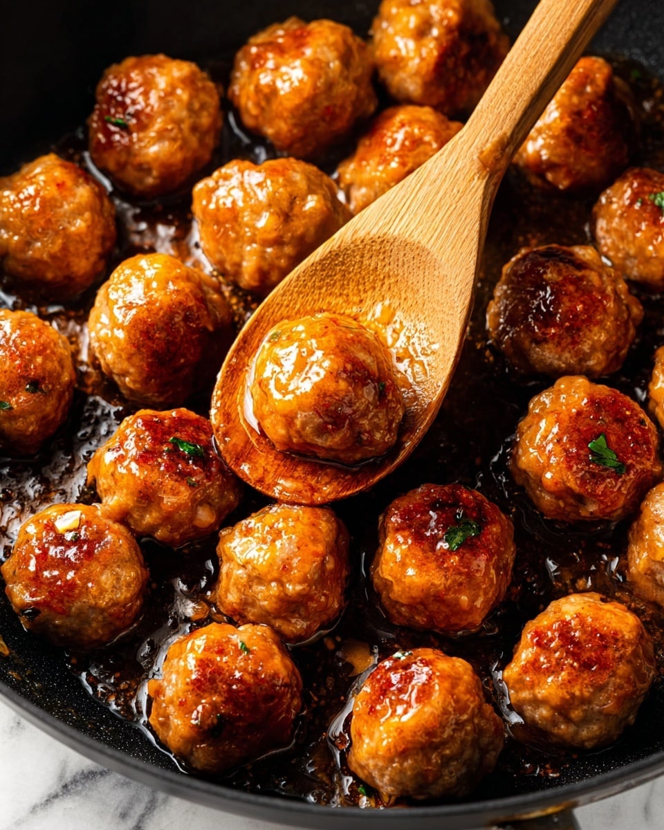 A close-up view of a black pan filled with about eighteen shiny, golden-brown meatballs. Each meatball is round with a slightly bumpy texture and is glazed with a bright, glossy sauce that catches the light. A wooden spoon holds one of the meatballs at the center, showing its moist surface covered in the same warm sauce. The pan’s surface has small drops of oil that reflect light, enhancing the juicy look of the meatballs. The background is changed to a white marbled texture. photo taken with an iphone --ar 4:5 --v 7