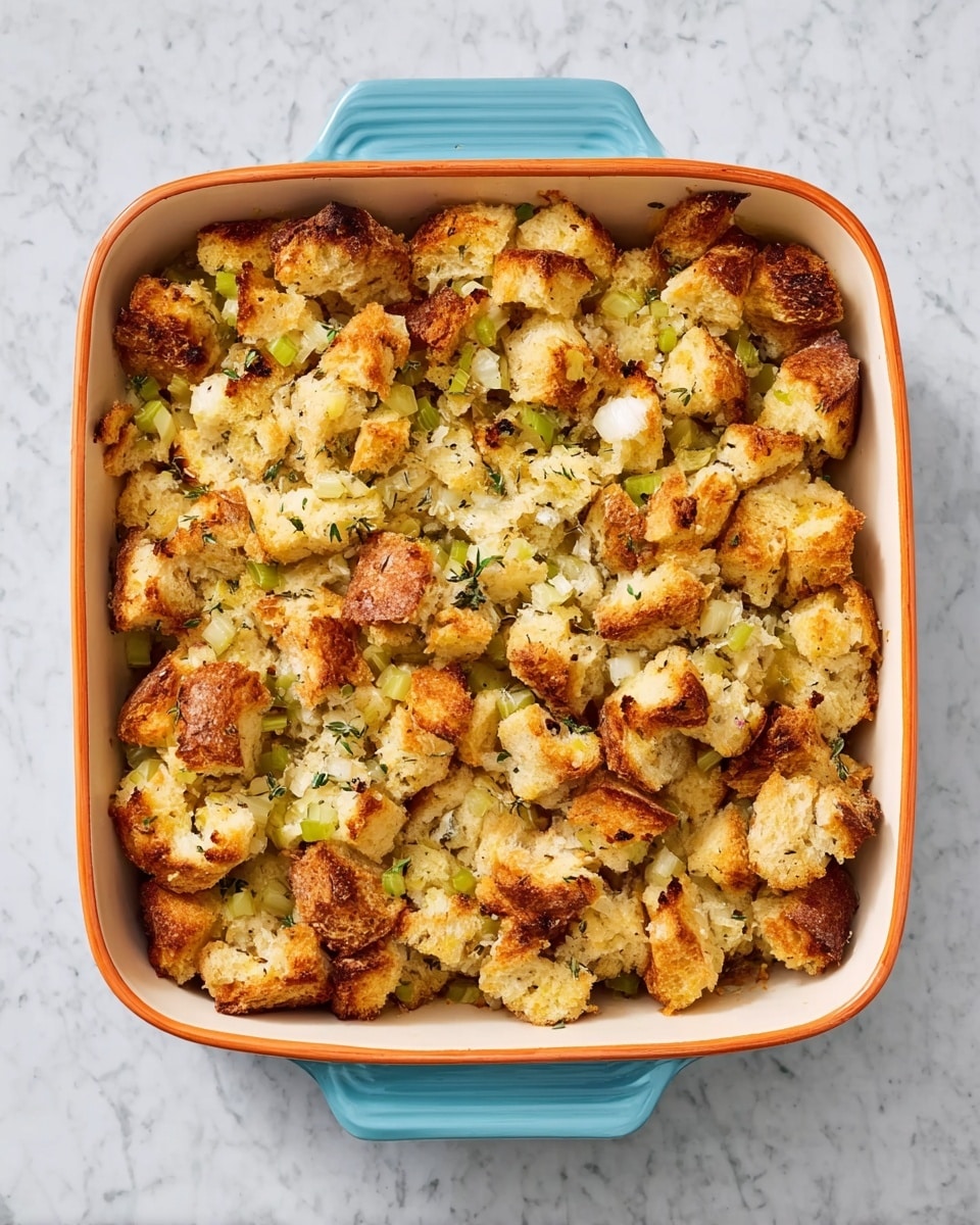 A square light blue casserole dish with an orange rim sits on a white marbled surface, filled with a baked stuffing dish. The stuffing is made of roughly torn pieces of golden brown bread, mixed with light green celery chunks and herbs. The bread pieces are toasted on top with some darker brown spots, giving a crunchy look. The celery adds small bursts of brightness, scattered evenly throughout the stuffing. Photo taken with an iphone --ar 4:5 --v 7