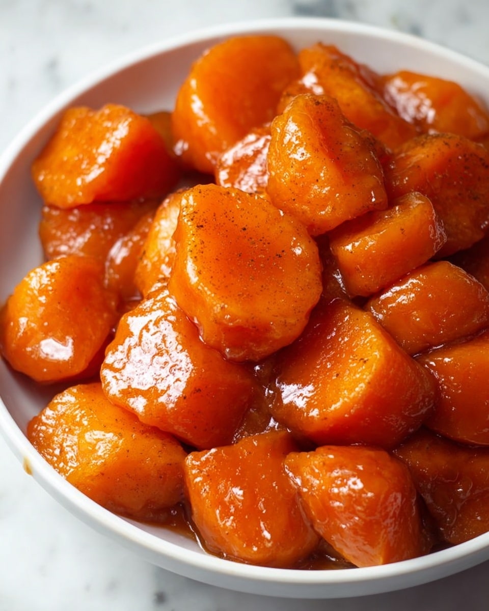 This close-up image shows a bowl full of bright orange glazed sweet potato pieces. Each piece is cut into thick, rounded chunks and coated evenly with a shiny, sticky sauce that gives them a glossy look. The sauce is thick and caramel-like, with visible specks of cinnamon and other spices. The sweet potatoes have a soft texture with some slightly darker edges, suggesting they are cooked well. The white bowl holding the dish is only partly visible at the bottom left, resting on a white marbled surface. The light shines on the glossy sauce, making the dish look warm and appetizing. Photo taken with an iphone --ar 4:5 --v 7