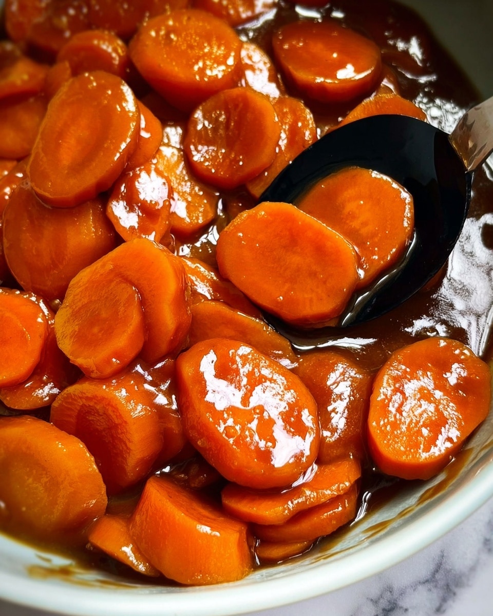 The image shows many thick orange carrot slices covered in a glossy brown sauce, all layered closely together in a white bowl. The sauce has a shiny, slightly sticky look that coats the carrots evenly. A black spoon with a silver handle is placed under some slices, partially lifting them. The background is a white marbled texture. photo taken with an iphone --ar 4:5 --v 7