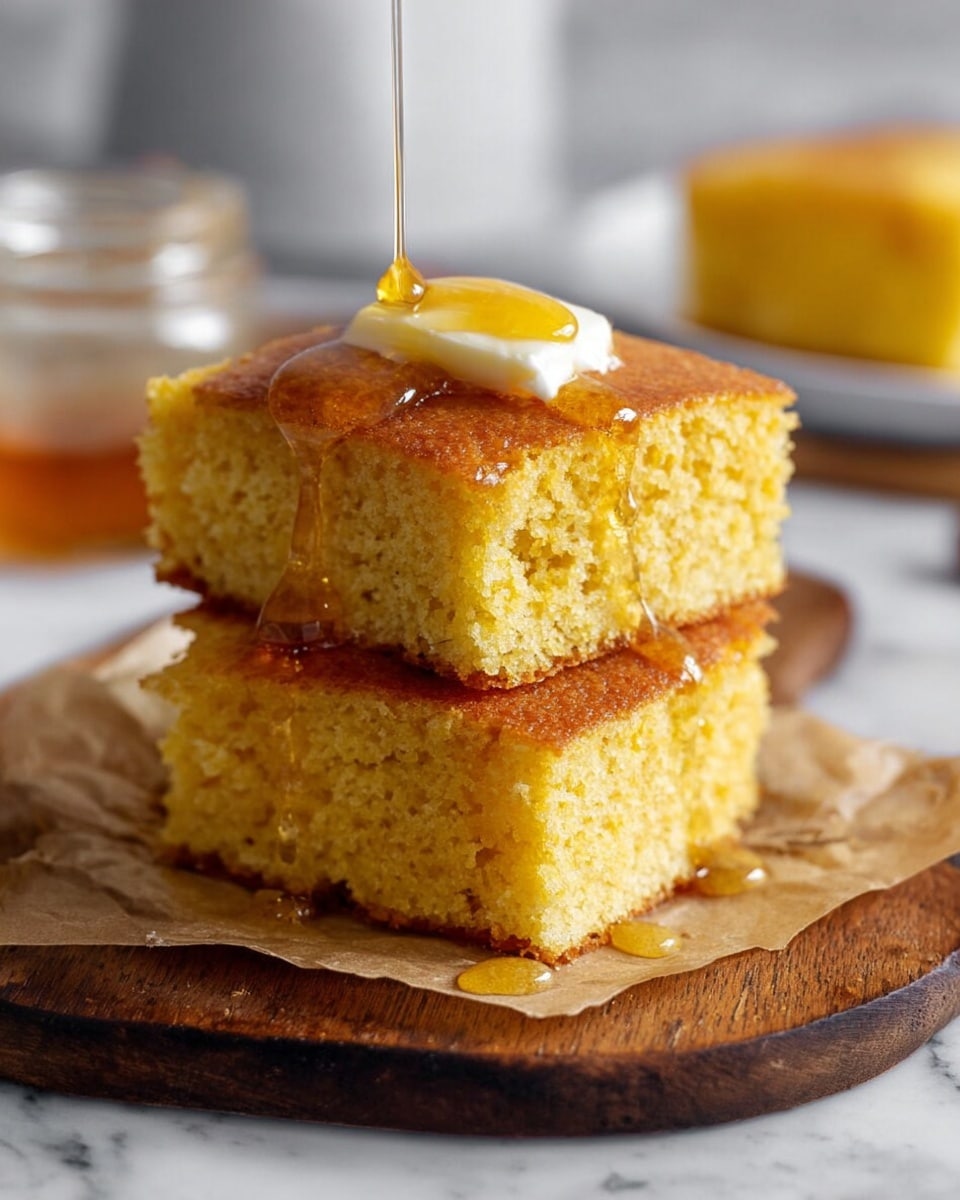 The image shows two square pieces of golden cornbread stacked on top of each other on a piece of parchment paper, placed on a wooden board. The cornbread has a light brown crust and a soft, crumbly yellow interior. A dollop of melting butter sits on the top piece, with honey being drizzled over it from above, creating a shiny, sticky texture. In the blurry background, there is a white plate with another piece of cornbread and a jar with a light brown liquid. The scene is set on a white marbled surface. photo taken with an iphone --ar 4:5 --v 7