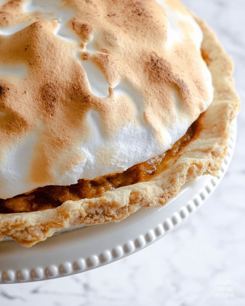 A close-up view of a pie with two layers visible: the bottom layer is a thick, golden crust with a rough, soft texture forming the pie's edge, and the top layer is a toasted marshmallow-like topping with a light brown, slightly bubbly, and uneven surface showing some white spots where it's not fully browned. The pie is placed on a white plate with raised round bead-like details along the edge, set against a white marbled textured background. Photo taken with an iphone --ar 4:5 --v 7