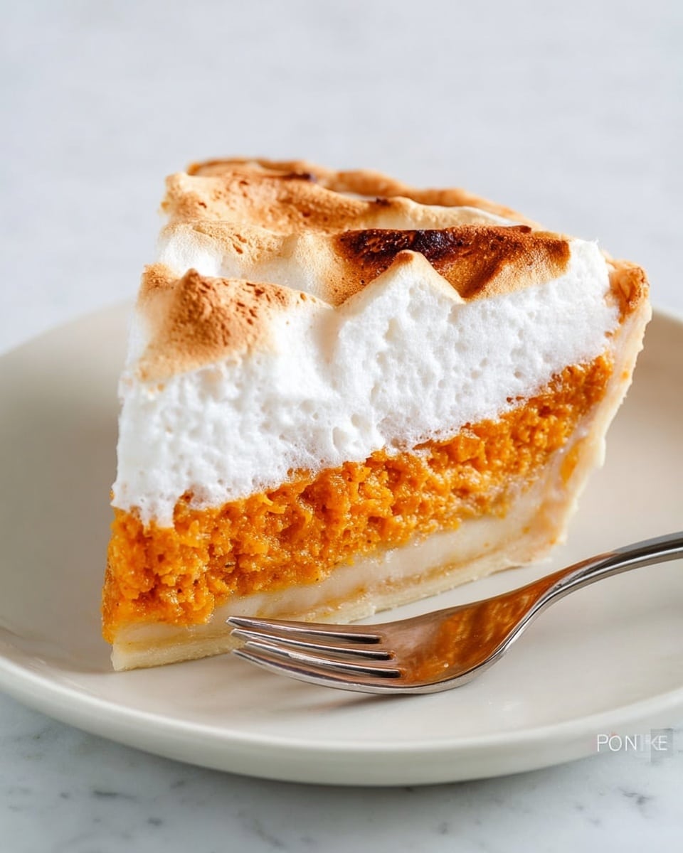 A single slice of pie is shown on a smooth white plate with a shiny silver fork resting beside it. The pie has three visible layers: the bottom layer is a light, flaky crust in pale beige, the thick middle layer is a moist, bright orange filling with a slightly grainy texture, and the top layer is a fluffy, white topping with a browned, slightly uneven surface that suggests it has been lightly toasted. The background is a clean white marbled texture. Photo taken with an iphone --ar 4:5 --v 7