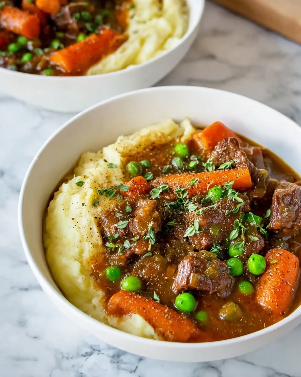 The image shows a white bowl filled with a layered meal on a white marbled surface. The bottom layer is smooth, creamy mashed potatoes in a light cream color. On top of this is a thick layer of rich brown beef stew with chunks of tender beef, bright orange carrot slices, and green peas scattered throughout. The stew looks moist and flavorful with black pepper and small green herb leaves sprinkled over the top. Another similar bowl is slightly visible in the background on the right side. The photo taken with an iphone --ar 4:5 --v 7