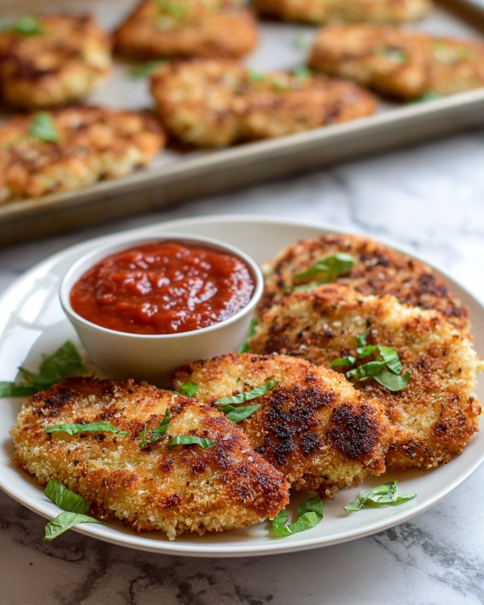 The image shows a white plate with three golden brown breaded cutlets, each with a crispy texture and some darker toasted spots, topped with small green herb leaves scattered around. Next to the cutlets on the plate is a small white bowl filled with thick, smooth red sauce. In the background, more breaded cutlets sit on a baking tray that rests on a soft white marbled surface. The colors vary from the warm tones of the cutlets to the vibrant red of the sauce and the fresh green herbs, making the dish look appetizing. Photo taken with an iphone --ar 4:5 --v 7
