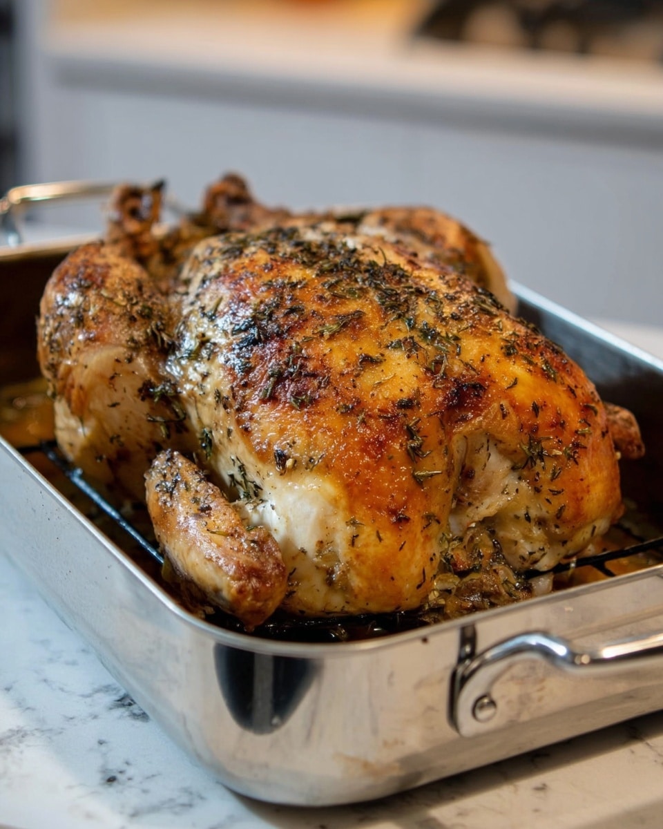 The image shows a large roasted whole chicken lying on a black baking rack inside a pan. The chicken skin is golden brown with some areas darker and crispy, covered in a mix of green herbs and black pepper seasoning. The bird is positioned with the legs tied together with kitchen twine, and the texture of the roasted skin is uneven with visible char spots and seasoning specks. The dark pan contrasts with the chicken's warm, cooked colors, making the roasted dish stand out clearly. Photo taken with an iphone --ar 4:5 --v 7