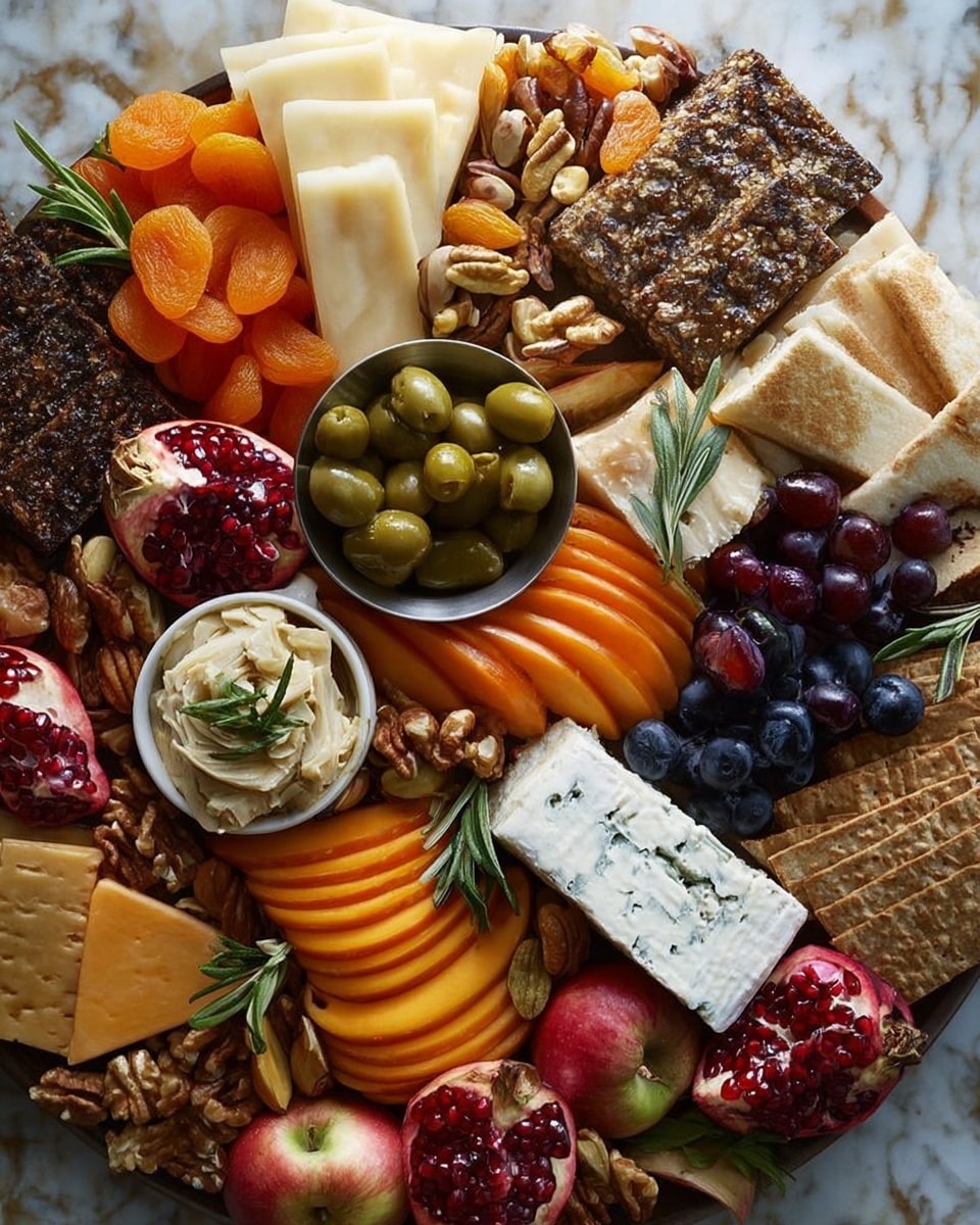 A large white round board filled with an assortment of colorful foods arranged in layers and sections. At the top, there are wedges of pale yellow cheese, followed by bright orange dried apricots right next to a small white bowl filled with green olives. To the right, a wedge of white cheese with blue veins is topped with red pomegranate seeds and dark blue blueberries. Below it, thin, orange slices of persimmon are lined up vertically. Near the center, a small white bowl holds creamy beige artichoke hearts garnished with green rosemary sprigs. Scattered around are whole red mini apples with green leaves, light beige mixed nuts, and some dark brown seeded crackers. At the bottom left, there is a pale orange wedge of cheddar cheese and a round of soft brown cheese topped with chopped nuts. Alongside it, several folded pieces of warm pita bread rest stacked neatly. The entire board sits on a white marbled textured surface. photo taken with an iphone --ar 4:5 --v 7