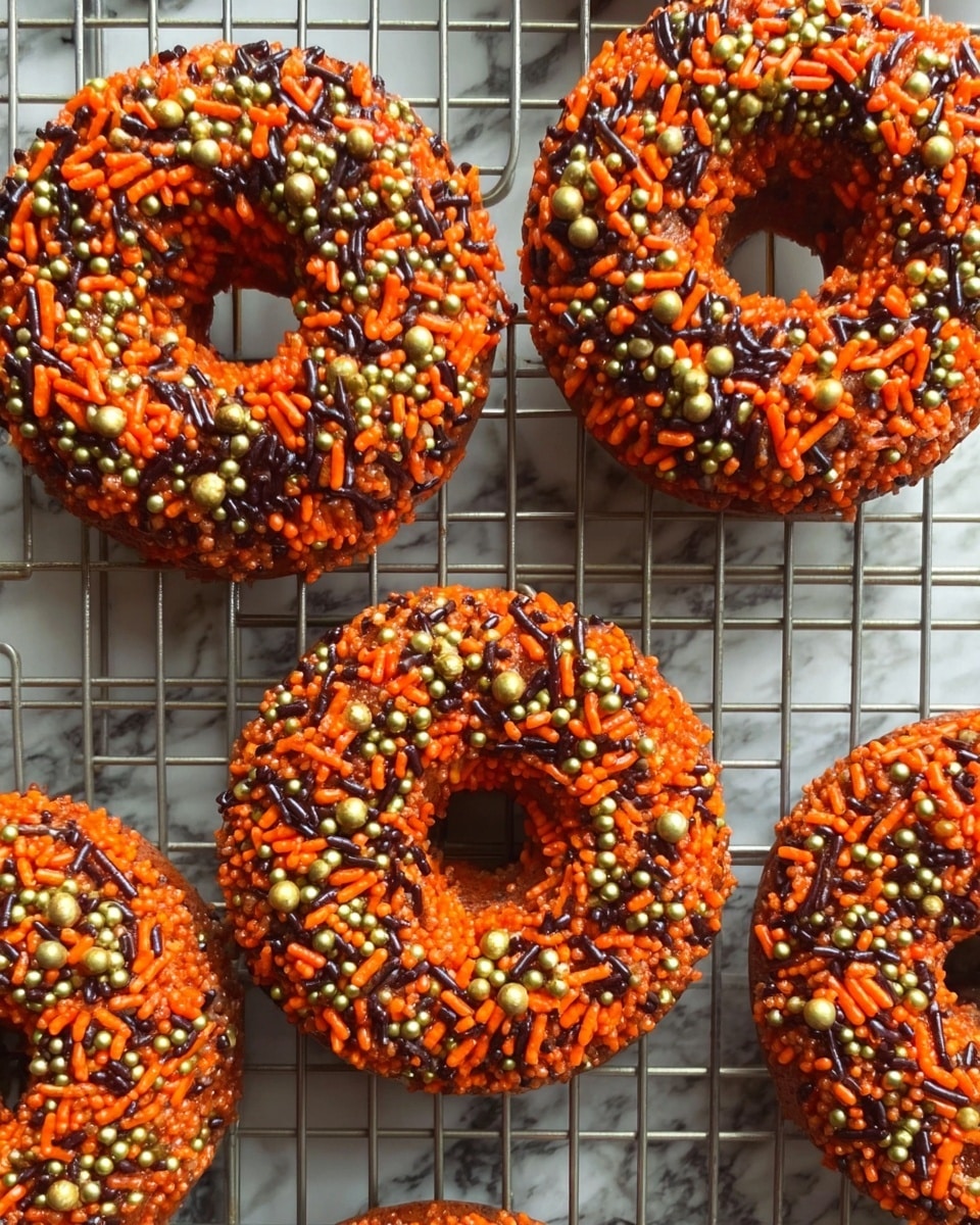 Several round donuts with a hole in the center are placed on a cooling rack, all covered in bright orange, brown, and gold sprinkles. The sprinkles include small round orange ones, longer brown rods, and shiny gold balls, making the surface fully textured and colorful. The donuts are evenly spaced, with some partially visible around the edges, and the cooling rack has a metallic grid pattern beneath them. The background is a white marbled texture. photo taken with an iphone --ar 4:5 --v 7