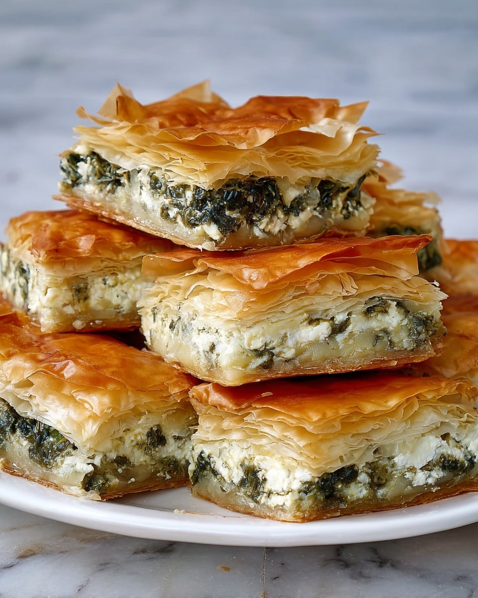 The image shows several square pieces of a layered pie stacked on a white plate. Each piece has a golden brown, crispy outer layer of thin, flaky pastry on top and bottom. Inside, there are about three layers filled with a mix that looks greenish from spinach and white from cheese, evenly spread. The green and white filling layer has a soft, crumbly texture contrasting with the crisp pastry layers above and below. The background is a white marbled texture. photo taken with an iphone --ar 4:5 --v 7