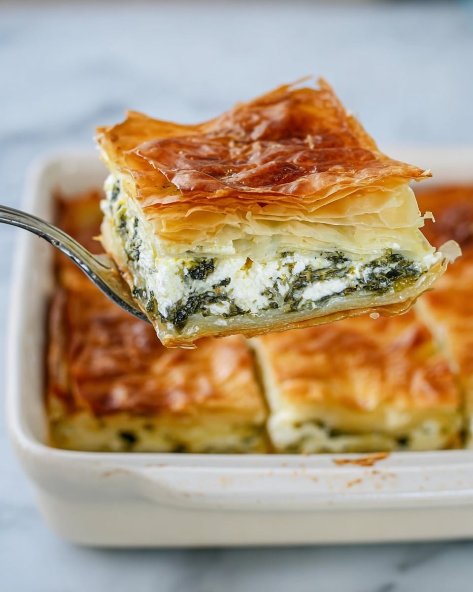 The image shows a close-up of a square piece of golden-brown pastry held on a silver fork above a white baking dish. The pastry has multiple thin, crispy layers on top that look flaky and light. Inside, there is a creamy filling made of white cheese mixed with green leafy herbs, creating a two-layered look with the crispy top and creamy filling. Below the piece held on the fork, there are other similar square pieces of pastry in the baking dish. The dish sits on a white marbled surface, giving a clean and bright background. Photo taken with an iphone --ar 4:5 --v 7