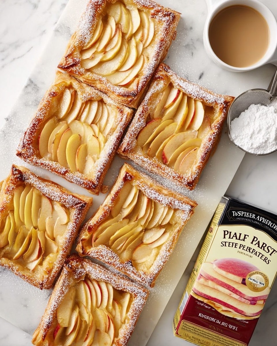 The image shows six rectangular puff pastry tarts arranged neatly on a white marbled surface. Each tart has a golden-brown puff pastry base with a slightly raised, crispy edge, topped with thin, overlapping slices of apple that are a mix of pale yellow with a light red blush. The apples are arranged in an even, fan-like pattern creating a layered, textured look on each tart. The tarts are lightly dusted with white powdered sugar, adding a delicate finish to the warm colors of the pastry and apples. Above the pastries is a small white cup filled with a light brown sauce. Near the bottom, there is an unsalted butter block in a black and yellow wrapper and a white powder sifter filled with powdered sugar. At the lower right corner, there is a box of Pepperidge Farm Puff Pastry Sheets with a picture of strawberry layered pastries on it. The background is clean with a white marbled texture and no other distractions. Photo taken with an iphone --ar 4:5 --v 7