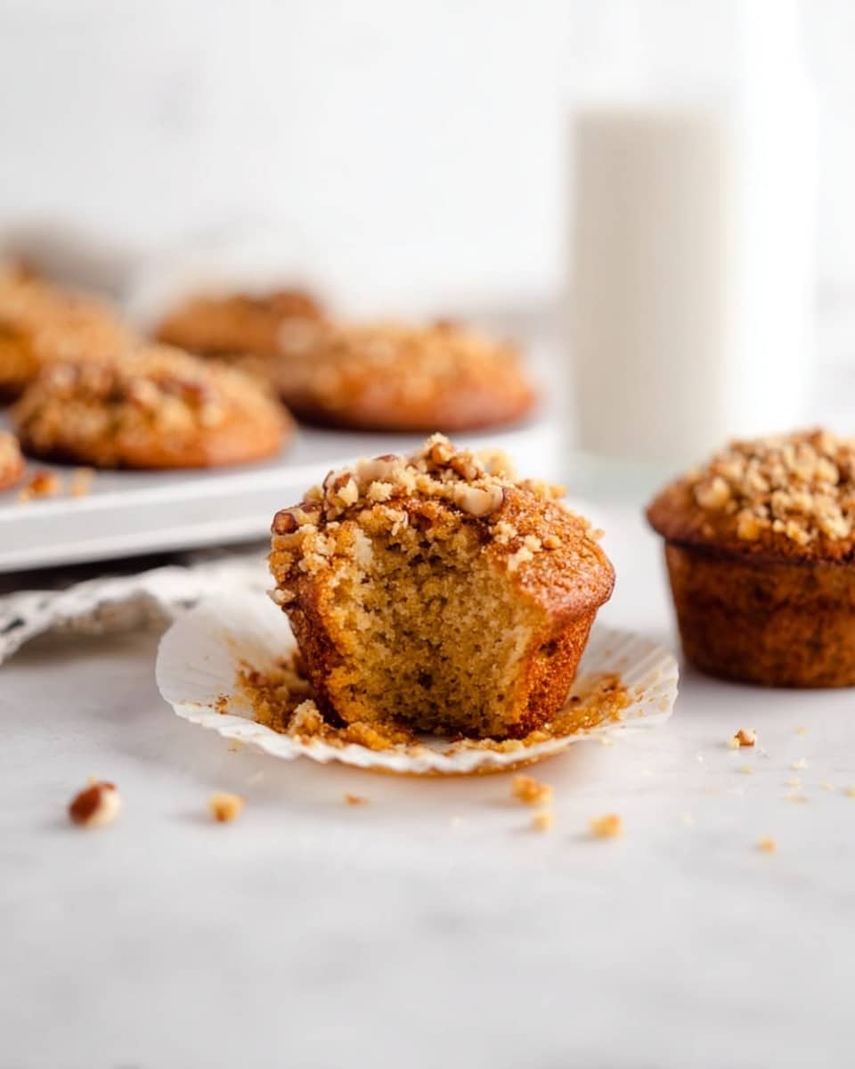 The image shows a golden brown muffin with a crumbly top layer filled with small pieces of nuts, resting on a white paper liner on a white marbled surface. The muffin has a slightly open, soft inside that reveals airy texture. Behind it, there is a white muffin tray holding more muffins with similar nut-topped crumb textures, and a blurred glass of milk stands in the background. One more muffin with a missing piece sits to the right, showing the same crumbly texture inside. Small nut crumbs are scattered around the muffins, adding to the natural feel of the scene photo taken with an iphone --ar 4:5 --v 7