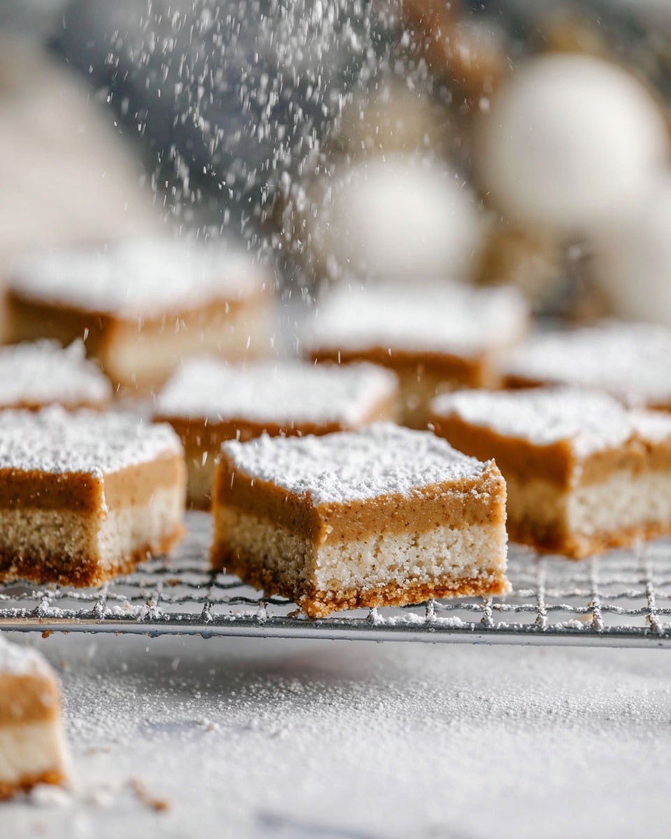 The image shows several square dessert bars arranged on a round wire cooling rack. Each bar has two visible layers: a lighter, crumbly base and a thicker, smooth, orange-brown top layer dusted heavily with white powdered sugar. The surface underneath the rack is a white marbled texture sprinkled with more powdered sugar. In the blurry background, there are two small white pumpkins and a bottle of milk, all placed on a light fabric. The scene is softly lit, giving a cozy autumn feel. photo taken with an iphone --ar 4:5 --v 7