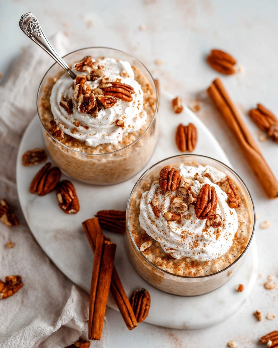 A clear glass filled with a creamy beige pudding-like mixture that has small visible seeds throughout, topped with a dollop of white whipped cream and scattered golden-brown pecan halves. A silver spoon with an ornate pattern is standing inside the glass. The glass is placed on a white plate with a white marbled texture, with whole pecans and two cinnamon sticks laying next to it. Light cinnamon powder is sprinkled lightly on and around the plate. photo taken with an iphone --ar 4:5 --v 7