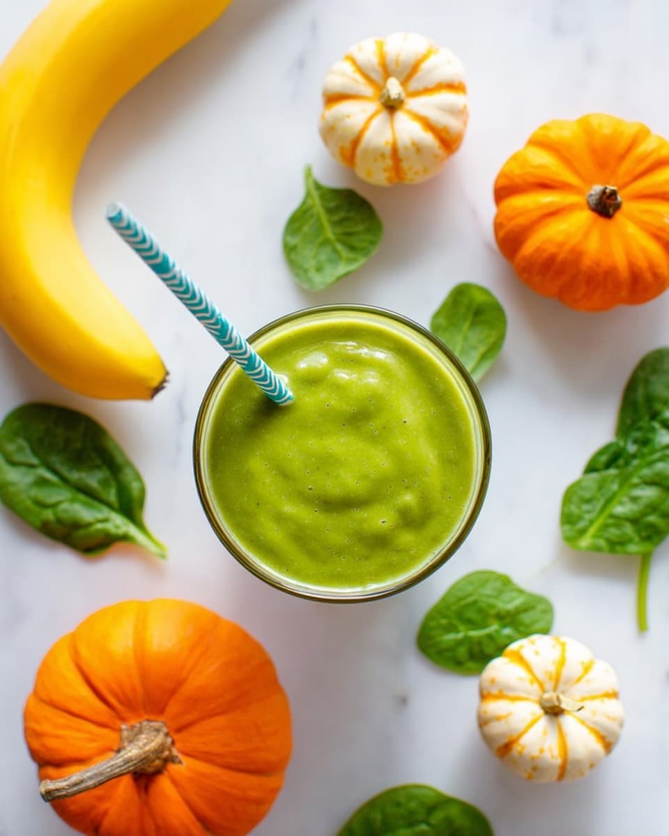 A clear glass cup filled with smooth, bright green smoothie sits in the center, with a patterned blue straw leaning inside it. Around the cup, there are small orange, white, and yellow pumpkins scattered on a white marbled surface, mixed with fresh bright green spinach leaves. A yellow banana curves along the top left corner of the image. The composition is clean and colorful, showing a mix of fresh fruits and vegetables. Photo taken with an iphone --ar 4:5 --v 7