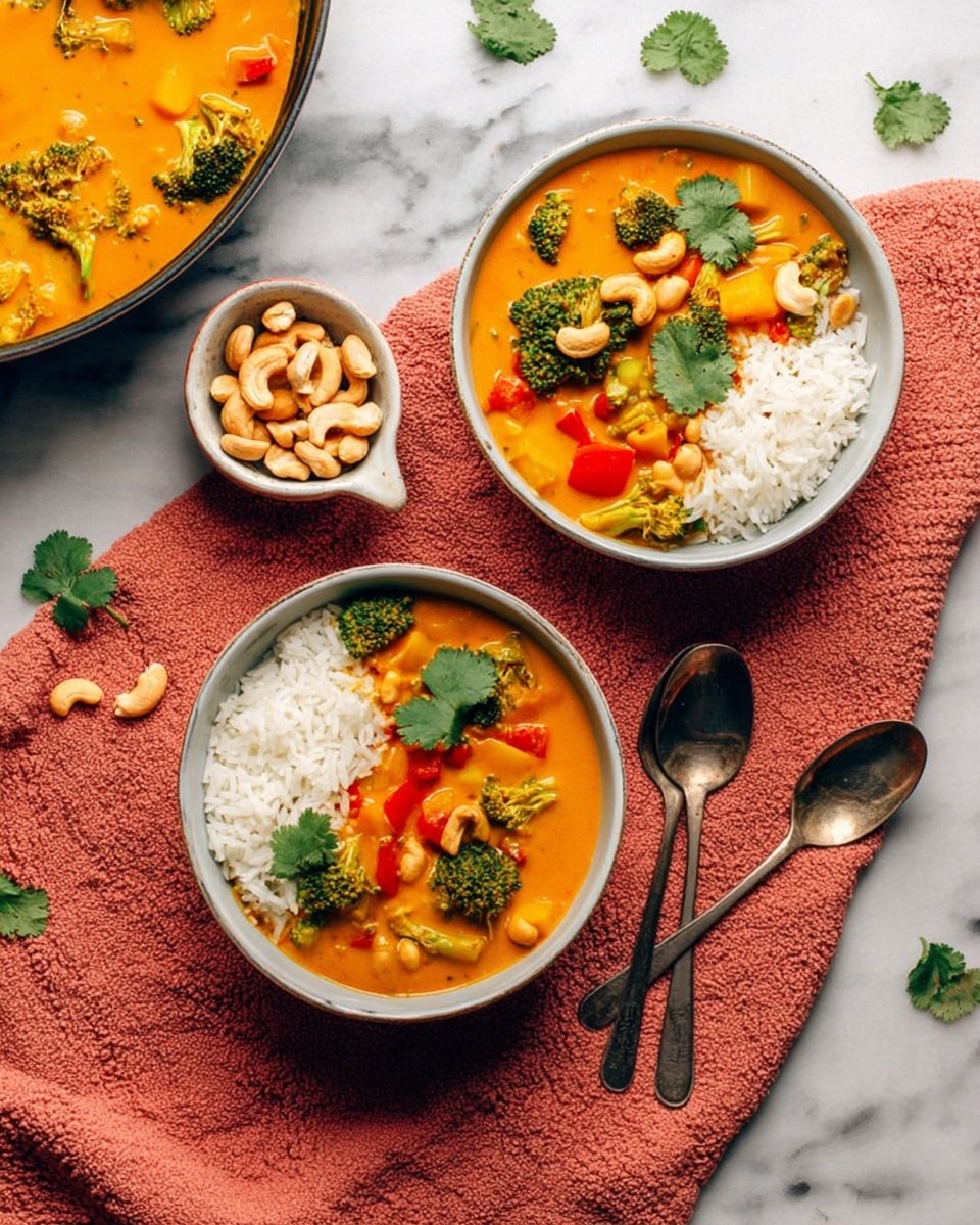 Two white bowls on a white marbled surface contain a bright orange curry with visible pieces of broccoli, red bell peppers, chunks of yellow vegetables, and cashews on one side, with white rice on the other side of each bowl. Fresh green cilantro leaves are placed on top for garnish. One bowl sits on a textured coral-colored cloth with two metal spoons next to it. A white cup filled with cashews is nearby, and part of a large pan with the same orange curry, showing broccoli pieces, sits in the upper left corner. Small cilantro leaves are scattered around on the surface. Photo taken with an iphone --ar 4:5 --v 7