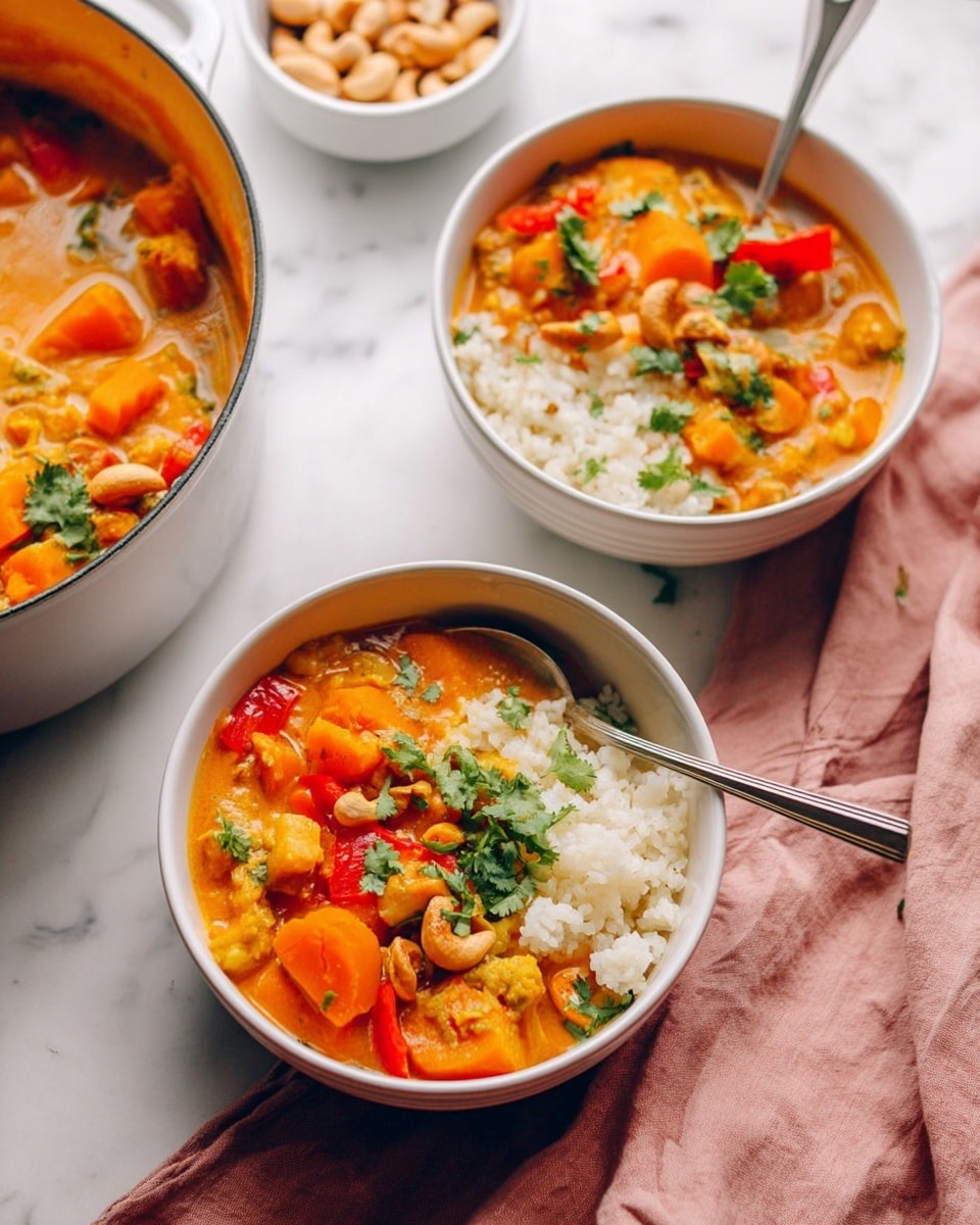 Two white bowls are filled with a colorful curry dish placed on a white marbled surface with a soft pink cloth underneath. Each bowl shows two main layers: a bright orange curry with chunks of orange vegetables, red bell peppers, and whole cashews on one side, and a fluffy, white grain or rice on the other. Green coriander leaves are sprinkled on top of the curry, adding a fresh touch. Silver spoons rest inside the bowls. A pot filled with the same orange curry is seen in the background, along with a small white bowl containing whole cashews. The scene is bright and warm, with soft natural light. Photo taken with an iphone --ar 4:5 --v 7