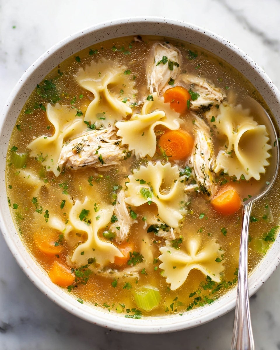 The image shows a large pot of chicken noodle soup with a clear broth, filled with several layers of ingredients. The bottom layer is a light golden broth, filled with bright orange carrot slices and light green celery pieces. Scattered throughout are tender shredded chicken pieces in a pale beige color. Large bow-tie noodles float on the top with a creamy yellow color, mixed with small flecks of fresh green herbs sprinkled across the surface. A silver ladle rests on the right side of the pot, partially submerged in the soup. The pot is white with green handles on a white marbled surface. photo taken with an iphone --ar 4:5 --v 7