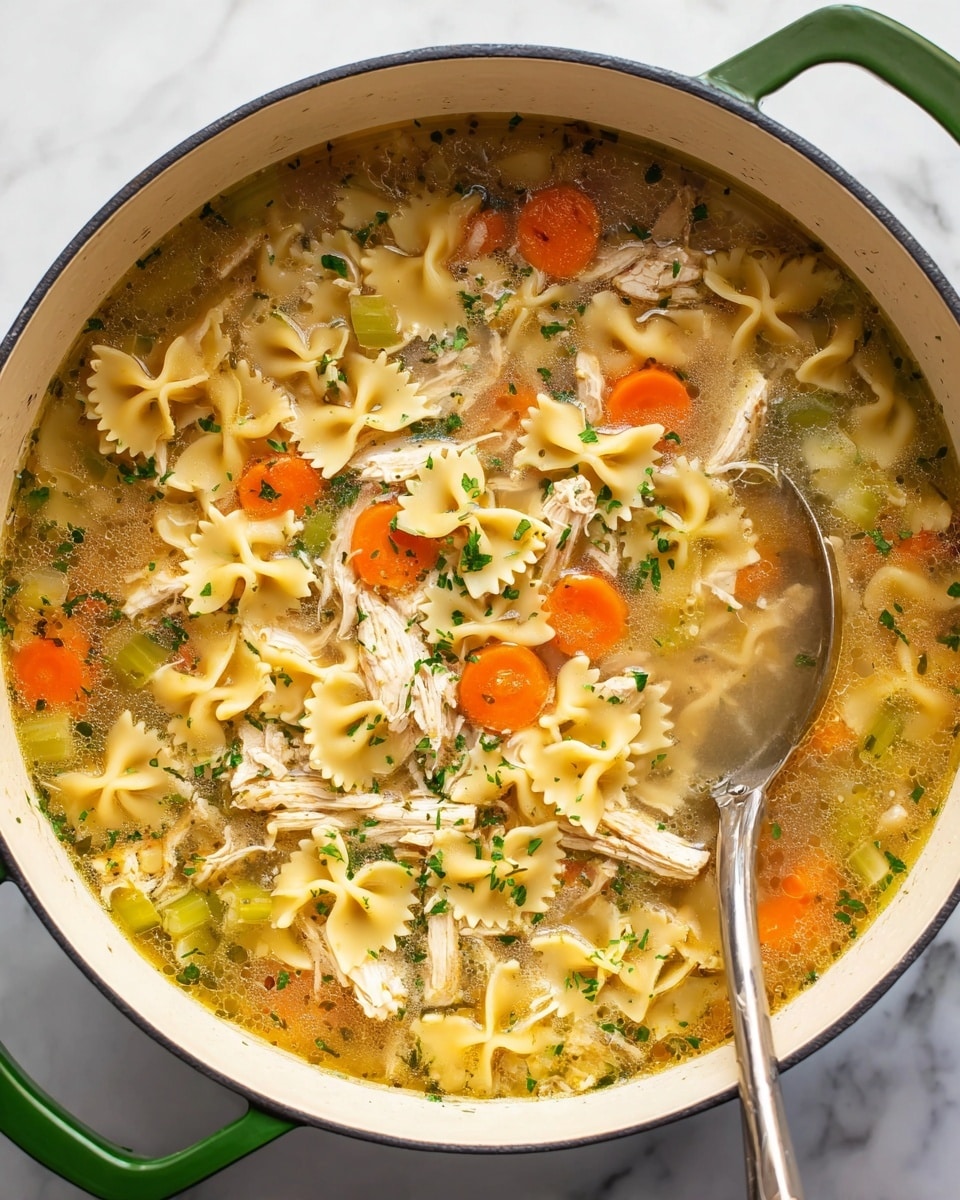 A bowl of chicken noodle soup is shown from above, filled with clear broth that has flecks of green herbs floating on top. Large pieces of shredded light brown chicken and chunks of orange carrot are spread evenly through the soup. There are bowtie pasta noodles with a pale yellow color and smooth texture floating near the surface. Thin slices of green celery are scattered in the soup as well. The soup is in a white bowl with a subtle speckled pattern on the rim, sitting on a white marbled surface. A silver spoon rests inside the bowl on the right side. photo taken with an iphone --ar 4:5 --v 7
