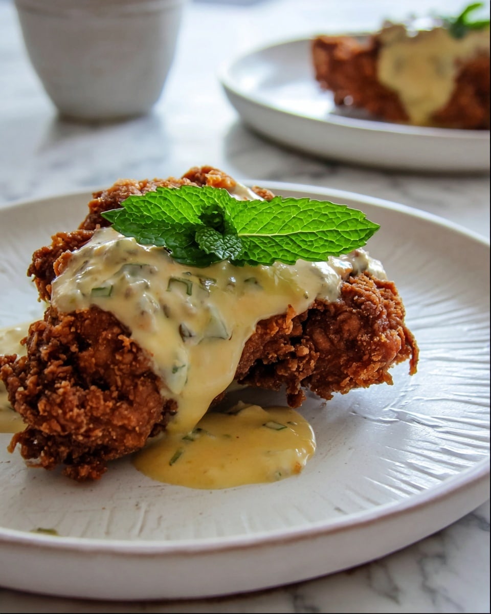 A close-up of a crispy fried chicken piece with a rough, crunchy brown outer layer. On top, there is a thick, creamy sauce that looks pale yellow with small green bits mixed inside. A fresh, bright green mint leaf sits on the sauce, adding a vibrant color contrast. The chicken is placed on a simple white plate with subtle textured lines. The background shows another white plate with a similar dish, and the entire setting is on a white marbled surface. Photo taken with an iphone --ar 4:5 --v 7