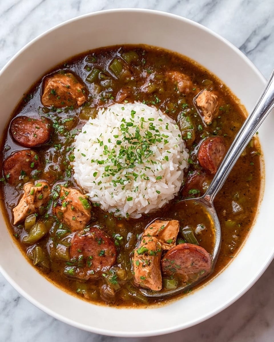 A deep white bowl holds a rich brown stew filled with round slices of dark reddish sausage, small chunks of light brown meat, and slices of green okra. In the center of the bowl, a neat mound of white rice with a few green herb sprinkles rests on top of the stew, creating a clean white layer over the darker soup. The stew shows a glossy, slightly oily surface with bits of green herbs scattered throughout. The bowl is placed on a white marbled surface. Photo taken with an iphone --ar 4:5 --v 7
