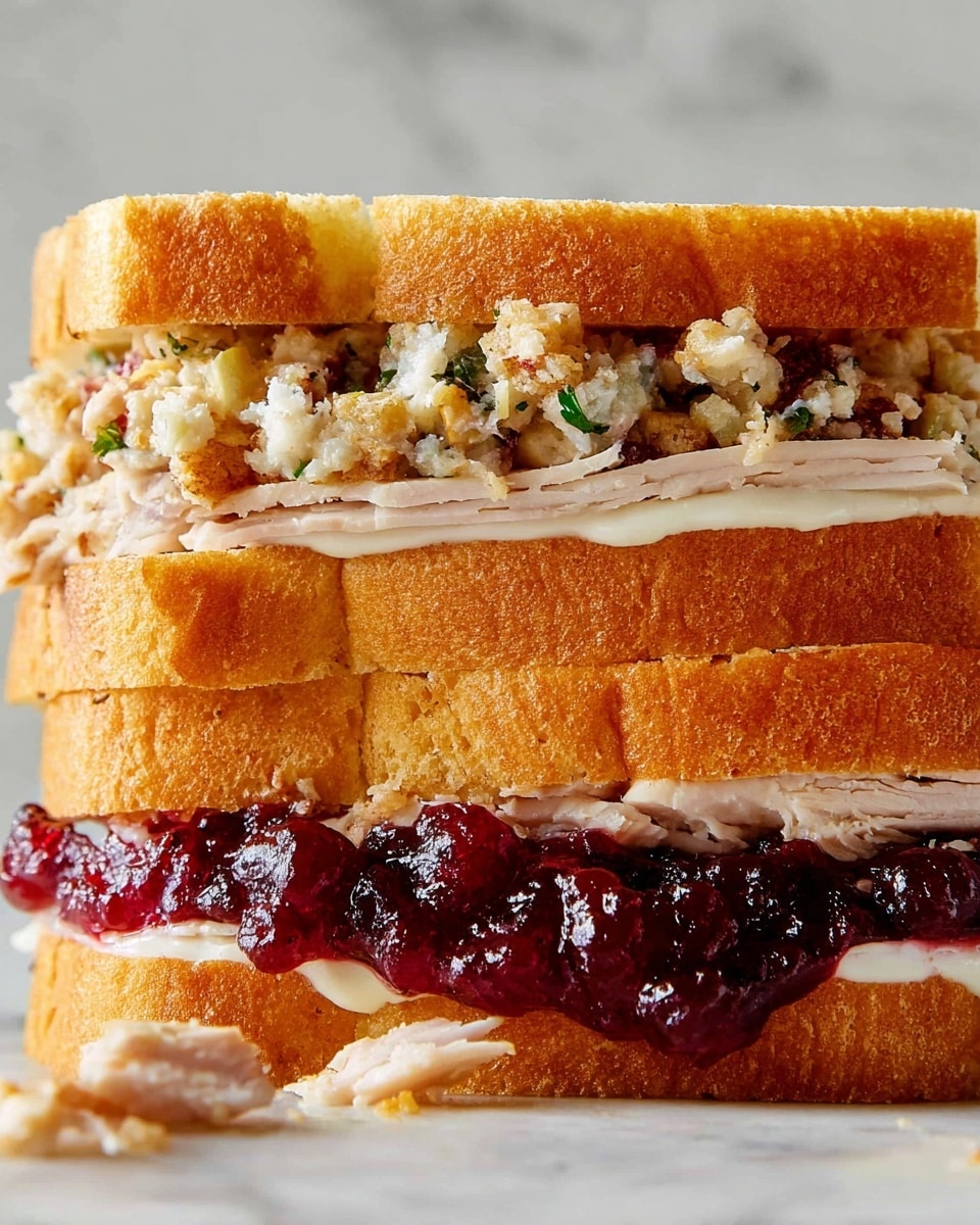 The image shows a close-up of a layered sandwich made with soft, thick slices of golden brown bread. The sandwich has four main layers: the bottom layer is light turkey meat with some mayonnaise spread on the bread, above that is a thick, deep red cranberry sauce that looks glossy and slightly chunky. Next, there is a layer of light-colored stuffing with small bits of green herbs mixed in, and the top layer is mayonnaise spread smoothly on the inside of the top bread slice. The sandwich is placed on a surface with a white marbled texture, and a few small pieces of turkey have fallen beside it. Photo taken with an iphone --ar 4:5 --v 7