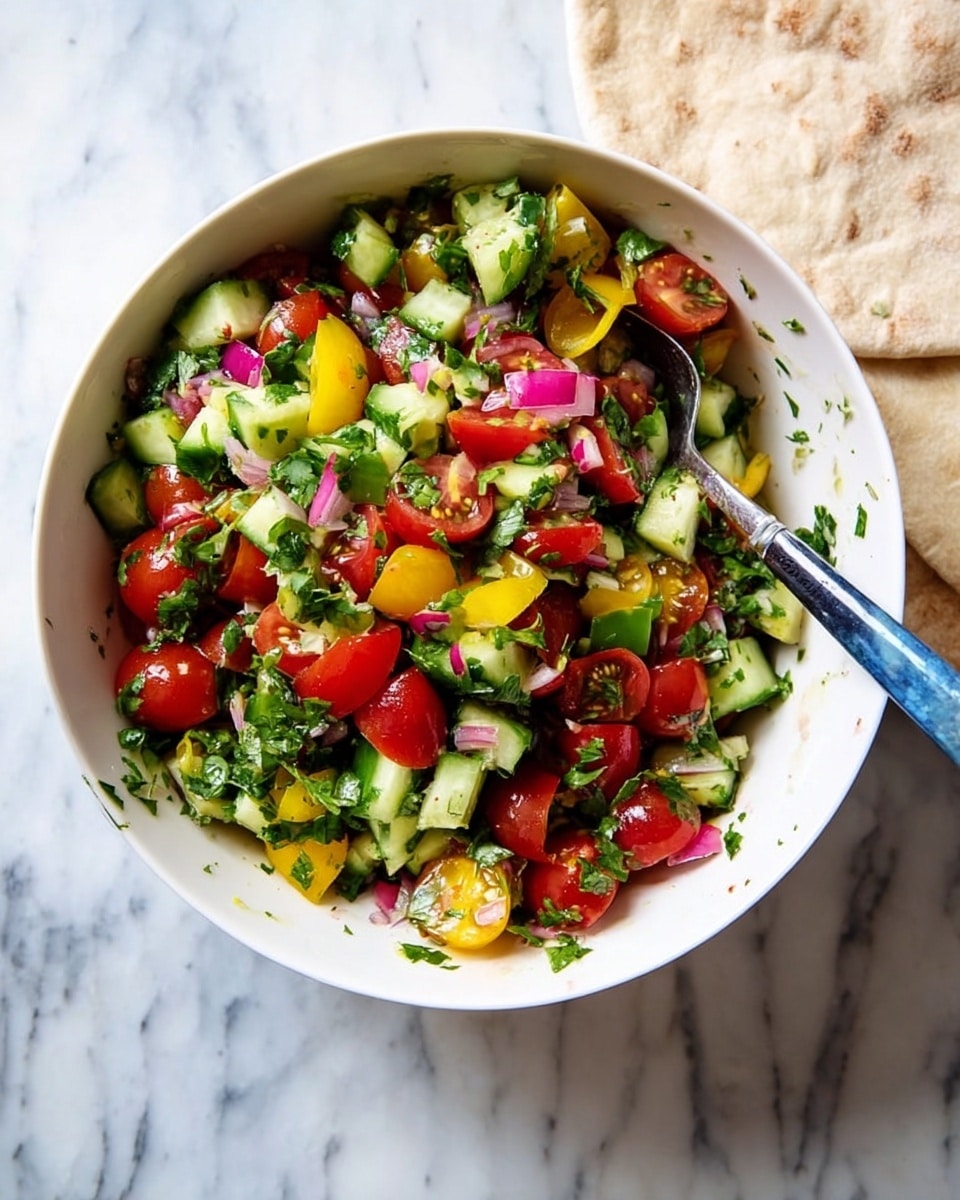 A white bowl filled with a fresh salad made of three main layers: bright red cherry tomatoes cut in halves on top, green cucumber cubes with white seeds mixed in the middle, and chopped green herbs with pieces of yellow pepper and thin slices of pink onion scattered throughout. A silver spoon with a blue handle rests inside the bowl. The bowl is placed on a white marbled texture surface with two beige round flatbreads partially visible to the side photo taken with an iphone --ar 4:5 --v 7