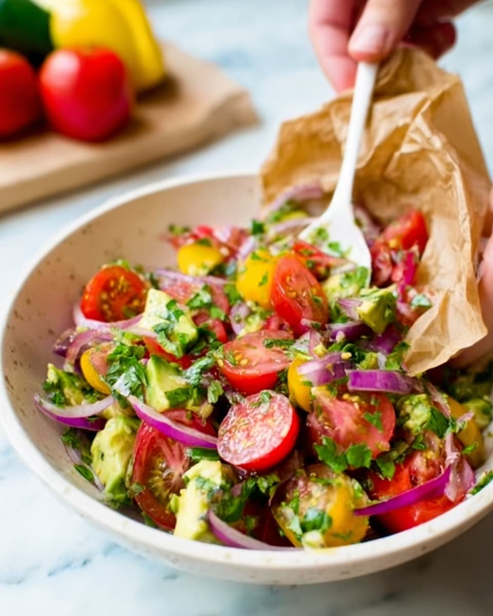 A white bowl filled with a colorful salad made of bright red cherry tomato halves, thin slices of purple onion, small chunks of green avocado, and chopped fresh cilantro leaves. A woman's hand is holding a white spoon, mixing the salad, while another woman's hand holds a brown paper bag, adding ingredients. The bowl sits on a white marbled surface with a blurred background showing some fresh vegetables. The textures in the salad look fresh and vibrant, with a mix of soft, juicy tomatoes and creamy avocados. photo taken with an iphone --ar 4:5 --v 7