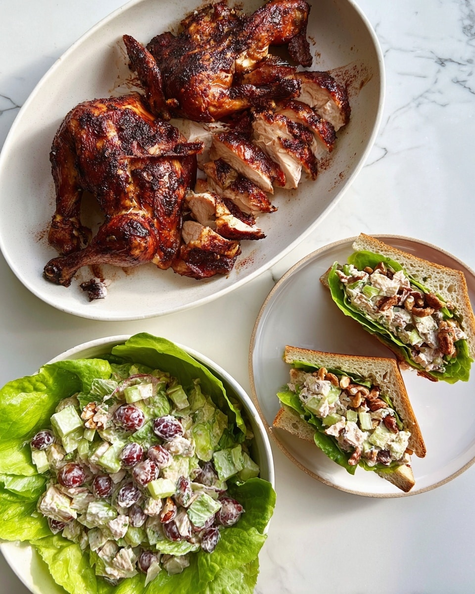 The image shows three dishes on a white marbled surface: a large white oval plate with a roasted dark brown chicken, some parts whole and others sliced into several thick pieces with a crispy skin and juicy inside; a round white bowl lined with large green lettuce leaves topped with a creamy chicken salad mixed with chopped green apple, nuts, and red grapes; and a round white plate holding a sandwich cut into two triangular halves filled with the same chicken salad and lettuce, all with visible textures and fresh colors. Photo taken with an iphone --ar 4:5 --v 7