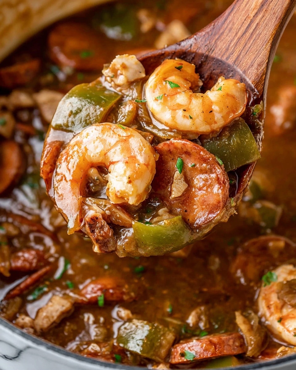 The image shows a close-up of a wooden spoon lifting a rich stew from a pot with a white marbled surface. The stew has three main layers: large pink shrimp with curled tails on the top, slices of browned sausage and chunks of light brown meat mixed with green bell pepper pieces in the middle, all covered in a thick, brown sauce with small bits of herbs. The background shows more stew in the pot, with the same mix of ingredients in a glossy brown broth. Photo taken with an iphone --ar 4:5 --v 7