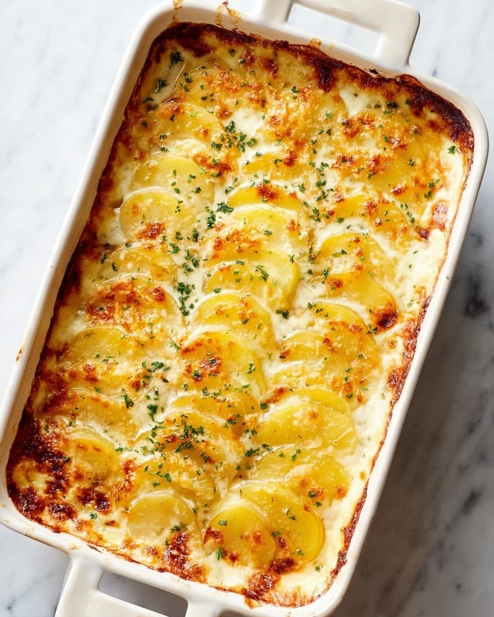 A white rectangular baking dish filled with a layered potato gratin sits on a white marbled surface. The gratin has thin, overlapping slices of golden-yellow potatoes arranged neatly in rows across the top. The creamy sauce is bubbling at the edges, creating a browned, slightly crispy border with specks of melted cheese. Green herbs are lightly sprinkled on top for a touch of color. The dish handle is visible at the top left. Photo taken with an iphone --ar 4:5 --v 7