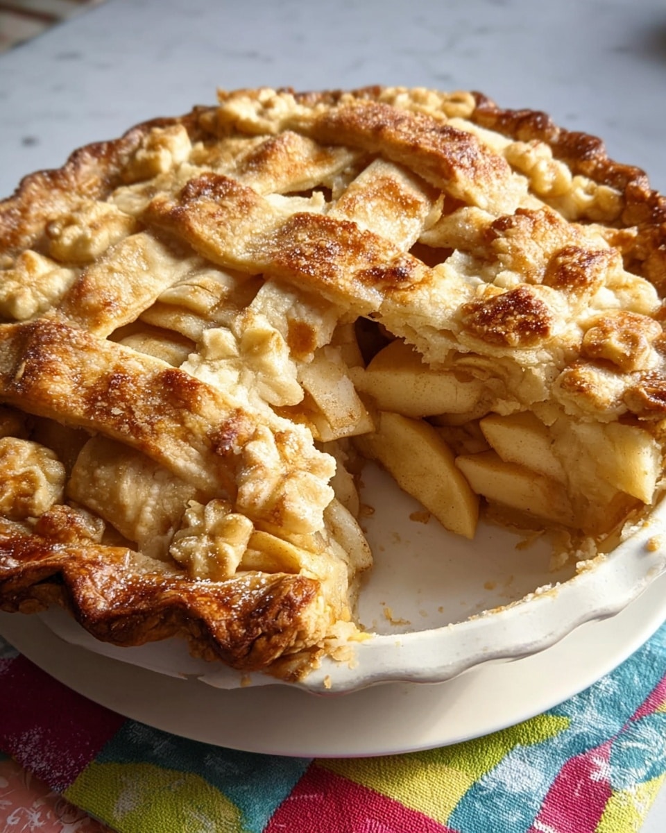 A round pie with a golden brown lattice crust on top, showing a light tan filling beneath through the woven strips. The edges are crimped and slightly darker with a crispy texture. The pie sits in a white pie dish, placed on a silver cooling rack. The surface below has a white marbled texture. Photo taken with an iphone --ar 4:5 --v 7
