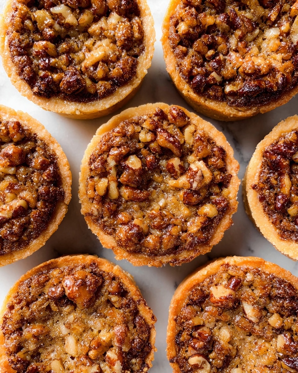 The image shows seven small round tarts arranged closely on a white marbled surface. Each tart has two visible layers: the base layer is a light golden, flaky crust that forms a thin, crisp edge around the tart, and the top layer is a textured, golden brown filling made of chopped nuts embedded in a slightly bubbly, baked mixture that looks crunchy and caramelized. The nuts vary in size and add an uneven, rough texture across the surface of each tart, making them look rich and nutty. The tarts are placed closely together, filling the frame almost edge to edge. photo taken with an iphone --ar 4:5 --v 7