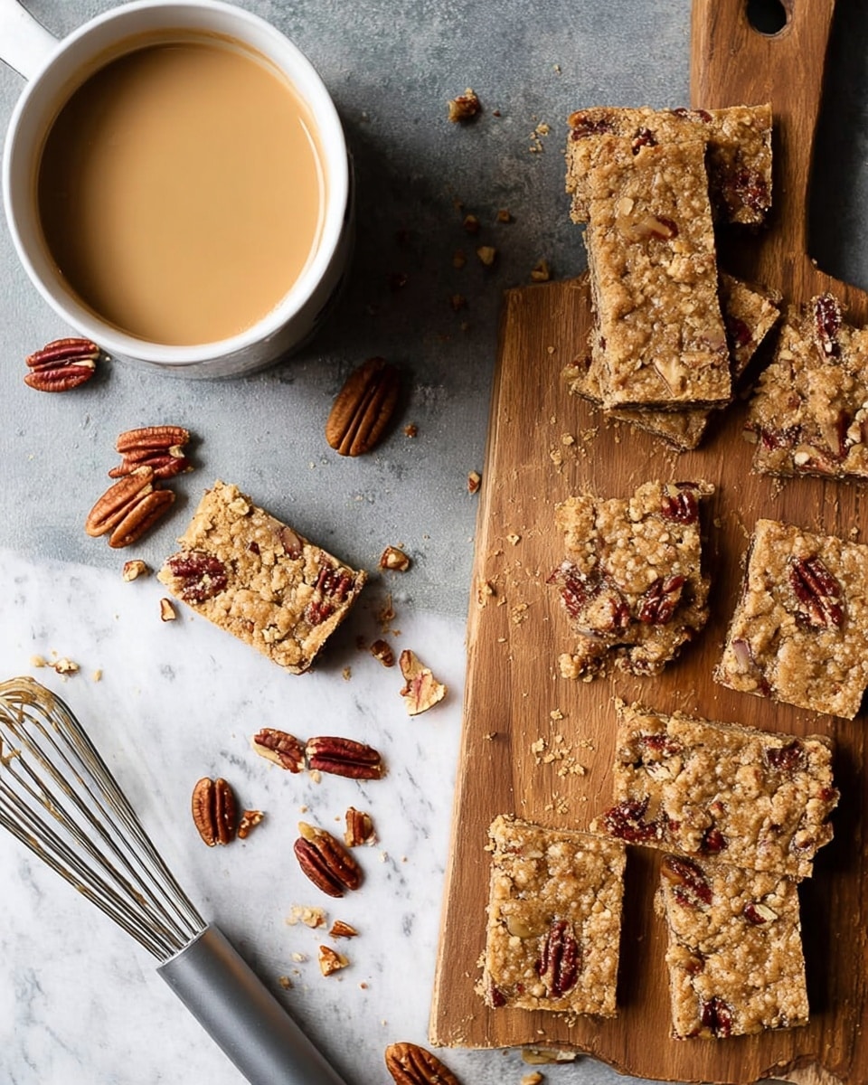 The image shows several rectangular nut bars with a light brown base filled with bits of pecans, placed both on a wooden board and on a gray surface. The nut bars have a crumbly texture with visible whole pecans and crushed pieces on top. Scattered whole pecans are around the bars. A white bowl filled with light brown creamy sauce sits in the upper left corner. Below the bowl is a metal whisk with a gray handle resting on the gray surface. The surface is changed to a white marbled texture. photo taken with an iphone --ar 4:5 --v 7