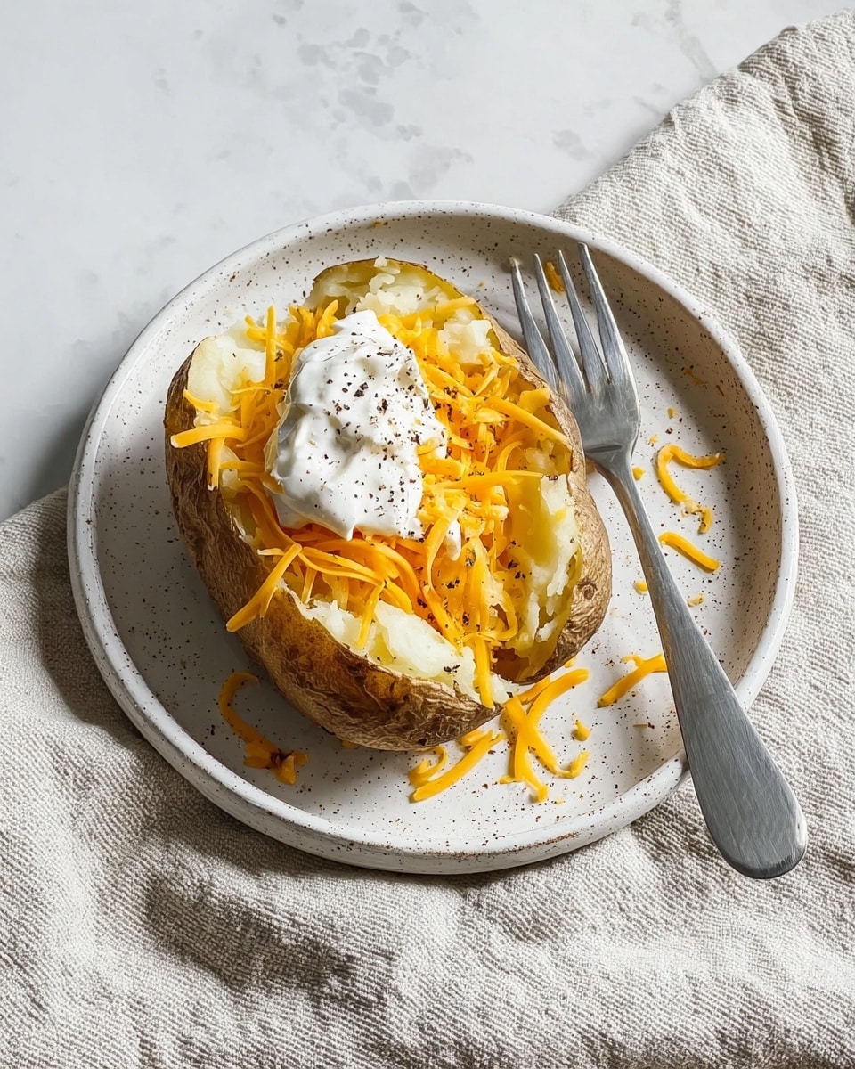 A baked potato is open on a white round plate, showing its soft white inside with a rough brown skin. It is topped with bright orange melted cheese that covers most of the inside, a small dollop of white sour cream placed slightly off center, and shredded yellow cheddar cheese scattered on top. Some black pepper is sprinkled over the whole potato and plate. A silver fork rests on the right side of the plate. The plate is set on a soft light beige cloth, and the background is a white marbled surface. photo taken with an iphone --ar 4:5 --v 7