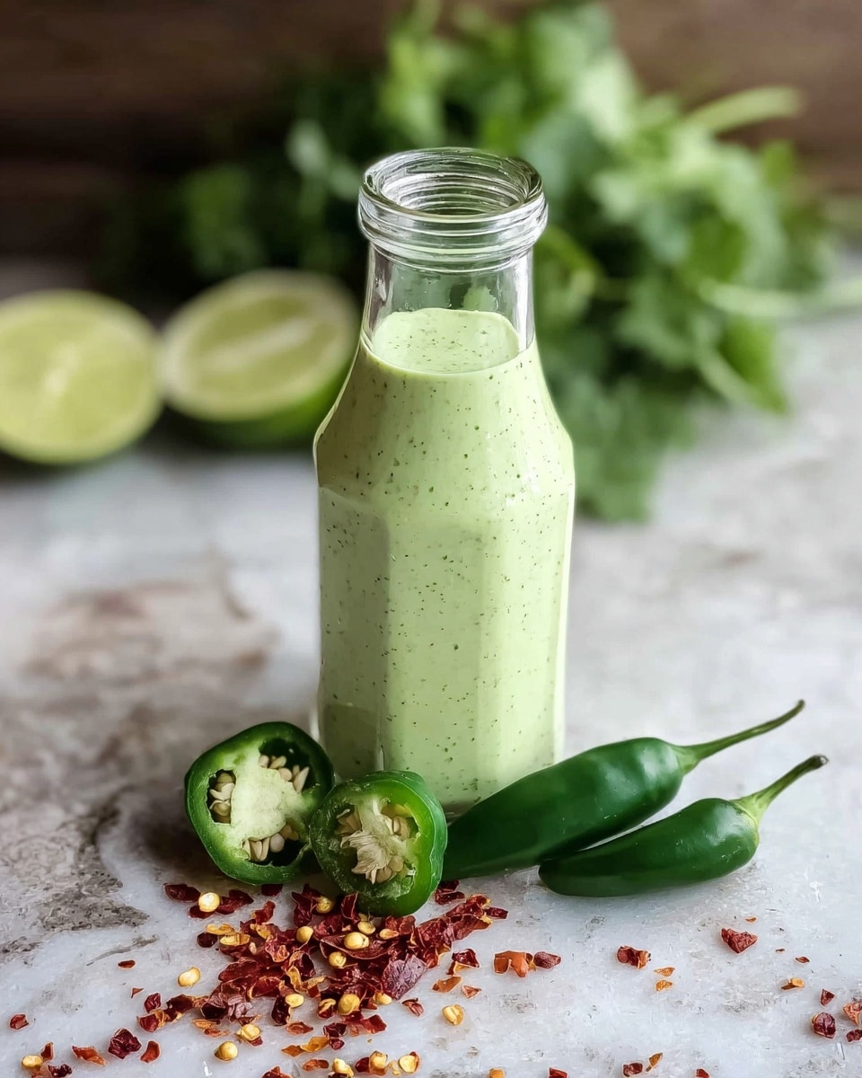A clear glass bottle filled with light green creamy sauce with tiny green and black specks is placed at the center. Around the base of the bottle are three fresh green chili peppers, one sliced open showing seeds, and scattered red chili flakes. In the background on the white marbled surface, there are two lime halves with their interiors visible and a bunch of fresh green herbs blurred out. The scene is well lit, highlighting the fresh textures and colors. Photo taken with an iphone --ar 4:5 --v 7