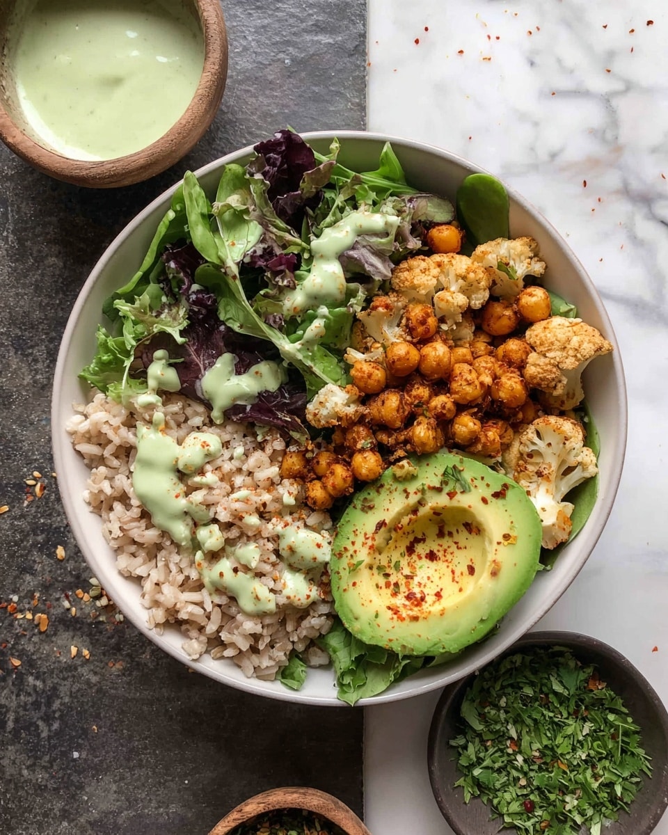 A white bowl with four layers of food arranged in sections: on the left is brown rice with a light green sauce drizzled on top, next to it is mixed leafy greens in dark and light green shades, followed by golden roasted chickpeas mixed with small browned cauliflower florets, and on the right is a sliced avocado sprinkled with coarse black pepper and red chili flakes, all placed on a white marbled surface with small bowls of herbs and sauce nearby. photo taken with an iphone --ar 4:5 --v 7