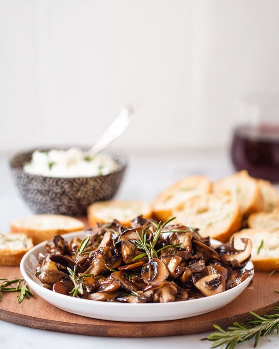 The image shows a white plate filled with a mix of cooked mushrooms that are brown and slightly shiny, topped with fresh green rosemary sprigs. The plate is on a wooden board that also has some slices of light brown toasted bread around it. Behind these, there is a small bowl with a dark patterned design filled with white creamy sauce, and a blurred glass with a dark red liquid. The entire setting is on a white marbled surface with a clear white background. photo taken with an iphone --ar 4:5 --v 7