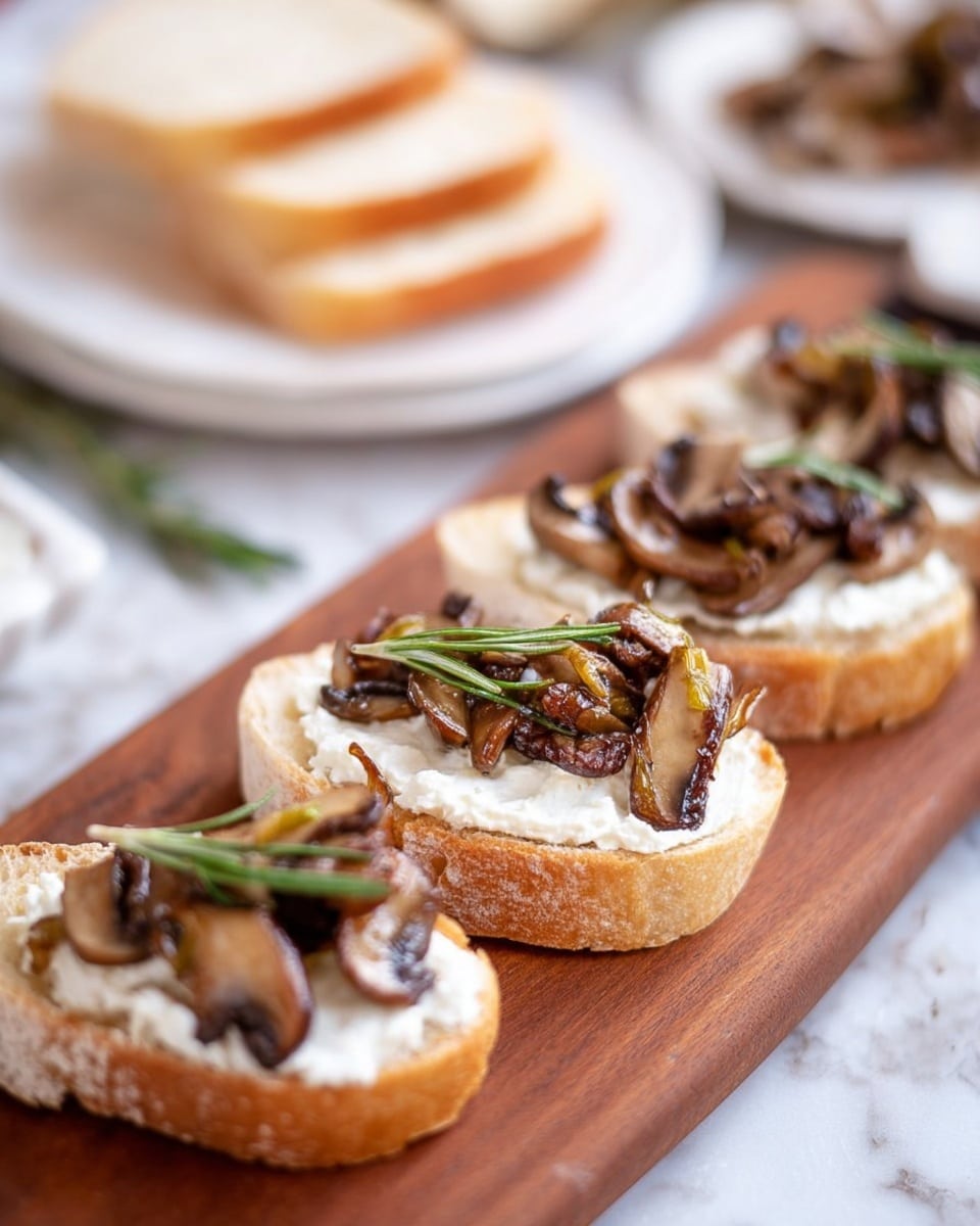 The image shows three slices of bread arranged in a row on a wooden board, each topped with a thick layer of white creamy spread, with small brown cooked mushrooms and green rosemary sprigs on top. The bread has a light brown crust with a soft white center. In the background, more slices of plain white bread are stacked on a white plate with a white marbled surface beneath. The focus is on the front slice with the other slices slightly blurred. Photo taken with an iphone --ar 4:5 --v 7