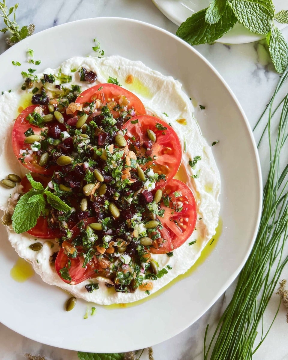 The dish shows a white round plate with two clear layers: the bottom layer is a smooth, fluffy white spread, likely cheese or yogurt, spread evenly across half the plate with small drops of oil and herbs on top. The upper layer consists of fresh tomato slices in a vibrant red color, topped with a green and dark purple mix of chopped herbs, capers, olives, and pine nuts scattered all over. A few whole green herbs and mint leaves add fresh texture among the tomato slices. The plate sits on a white marbled surface with some green herbs and chives nearby. photo taken with an iphone --ar 4:5 --v 7